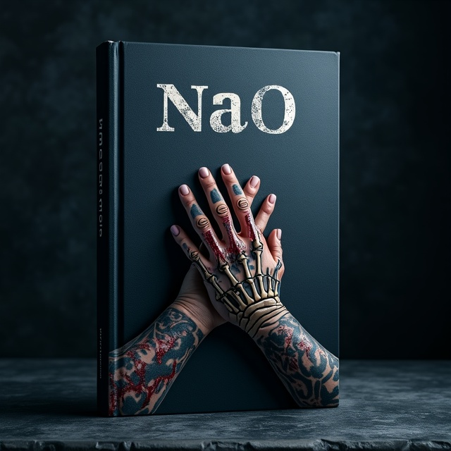 A dark, shadowy background of blackish blue dominates the cover, creating an ominous and mysterious atmosphere. Emerging from the depths of the darkness are a pair of realistic, tattooed hands and wrists—tattooed with intricate bone-like designs. The hands are intertwined as if in desperation or thought, with faint streaks of blood trickling down from the fingers, adding a touch of horror. Glistening red highlights on the blood contrast with the muted backdrop, increasing the sense of drama. Dramatic lighting outlines the hands, casting shadows that fade into the dark background.