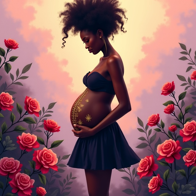 A central focus is a silhouetted, faceless pregnant Black woman standing gracefully amidst a lush paradise of roses, symbolizing both beauty and resilience. Her baby bump is prominently displayed with a visible vertical incision, stitched with thin, delicate golden embroidery-like threads, signifying both the scars of struggle and the beauty of healing. Her breasts are subtly covered by red and pink roses, blending with the garden around her. She wears a short black skirt that flows slightly in the breeze, grounding her presence. The background is a dreamy, soft gradient of pastel colors transitioning from light peach to lavender, evoking calm and reflection.