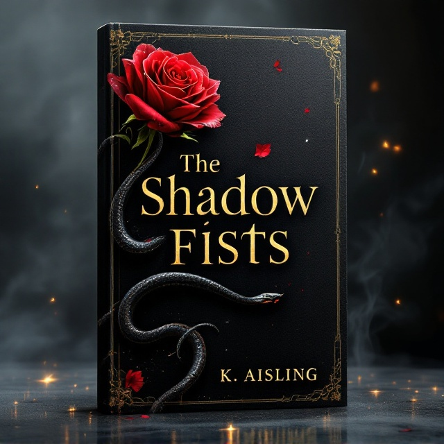 A striking illustration of a crimson red rose is placed on the left side of the title. The rose petals are detailed with subtle dewdrops, while a sleek, venomous black-and-gold cobra weaves sinuously through the rose stem and around the sharp-edged typography of the title. The dark background is textured with subtle smoky gradients, oscillating between deep charcoal and shadowy gray. Whisps of smoke, illuminated faintly, add mystery and depth.