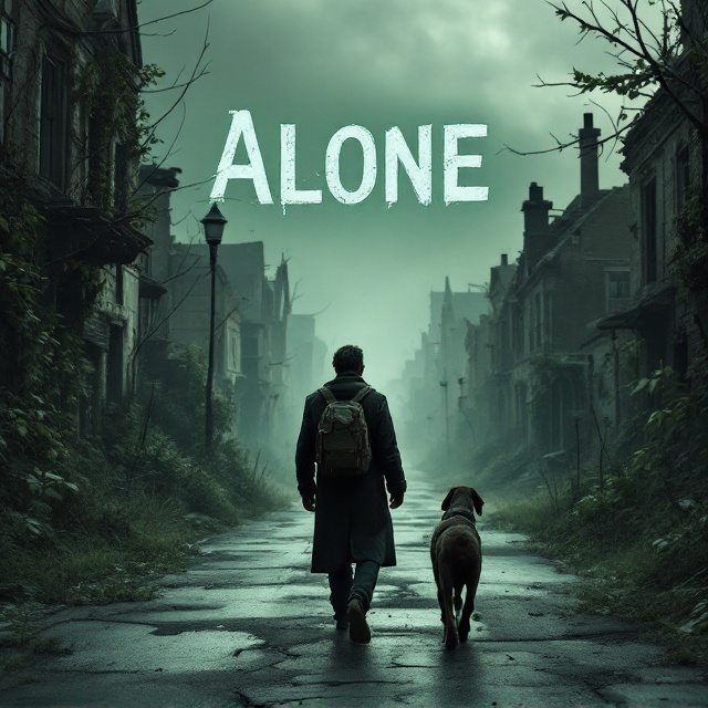 A desolate, overgrown post-apocalyptic town street stretches into the distance under a dim, grayish green sky. Buildings are partially collapsed, overtaken by vines and weeds. The road contains cracks with grass growing through. A lone man is walking away from the viewer, wearing a battered coat and carrying a backpack. An Irish setter follows a few paces behind him, walking freely without a leash, its head slightly bowed. The background includes a faint, misty aura, lending an eerie, melancholic tone.