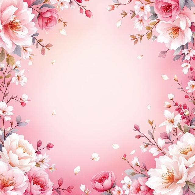 A delicate pink gradient background seamlessly blending from a soft blush pink to a vivid, romantic pink with watercolour-painted floral arrangements swirling across the edges. The flowers include roses, peonies, and cherry blossoms, intertwining with soft gold accents. There is a central empty space for the title amidst the flowers, creating a clear focal point. Some petals appear to gently fall in the foreground, adding a dynamic and dreamy touch.