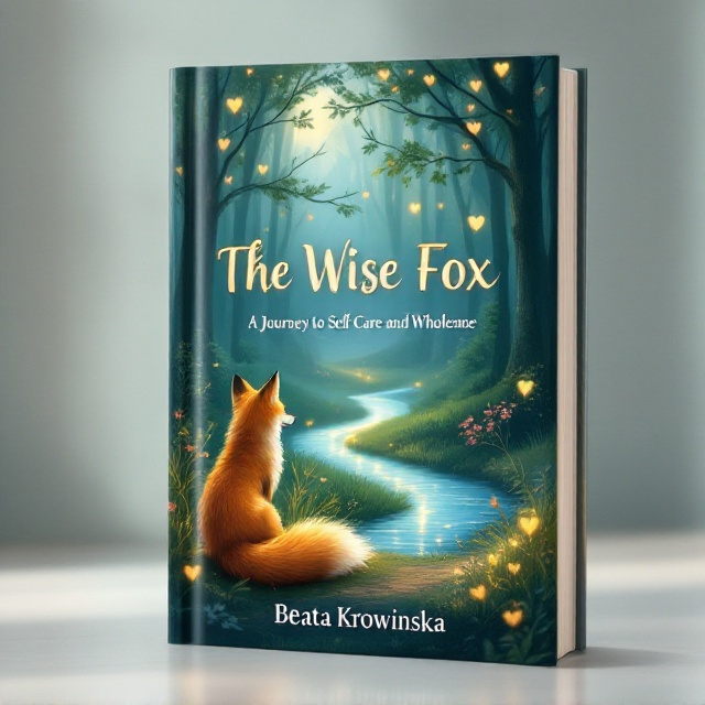 A tranquil forest scene dominates the cover. A wise fox with soft golden-orange fur sits gracefully at the edge of the forest, gazing at a glowing path winding through visually distinct terrains lush meadow, sparkling river, and vibrant garden. Subtle heart shapes are skillfully blended into various elements—the fox's tail curves gently into a heart at its tip, and glowing accents form faint heart patterns in the surroundings. Soft greens and blues make up the primary palette, while warm gold and orange hues add life and energy, creating a balance of serenity and empowerment.