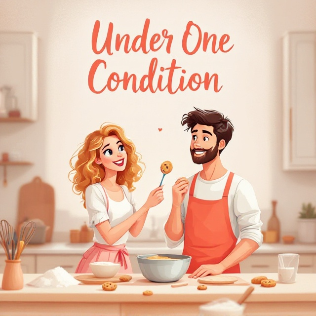A clean, animated-style illustration depicting a light and airy kitchen setting with coral and pastel hues dominating the background. The woman with cheerful blonde curls is on the left, holding up a spoonful of cookie dough, mid-motion, as she leans slightly forward. The man on the right, with short, tousled dark hair, is grinning playfully, ready to accept the bite. The countertop between them has scattered baking tools—a whisk, flour, and a mixing bowl—to further emphasize the romantic, lighthearted baking scene.