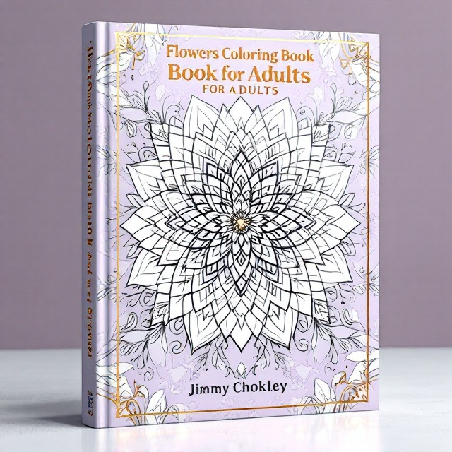 A highly detailed illustration of a large, intricate floral mandala occupies the center of the cover. Around it, delicate line art of soft petals and leaves radiates outward, creating a soothing symmetry. The background is a subtle lavender with a faint, textured floral pattern overlay for added sophistication. Gold foil accents enhance details in the mandala and outline the petals and leaves, giving a premium touch.