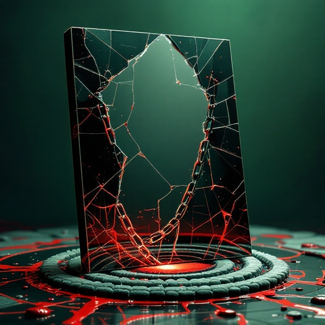A fragmented, shattered mirror dominates the upper half of the cover, its jagged pieces reflecting distorted, bloodstained chains. These chains weave through the bottom half, gradually sinking into a minimalistic depiction of a daylit Japanese Zen garden with a "枯山水" gravel arrangement. The raked gravel forms concentric circles around dark crimson streaks, suggestive of blood soaking into the earth. The background is drenched in a gradient from mossy green (#4A6B3D) at the top fading into coagulated blood-red (#8B0000) at the bottom, creating a suffocating and unrelenting tension.