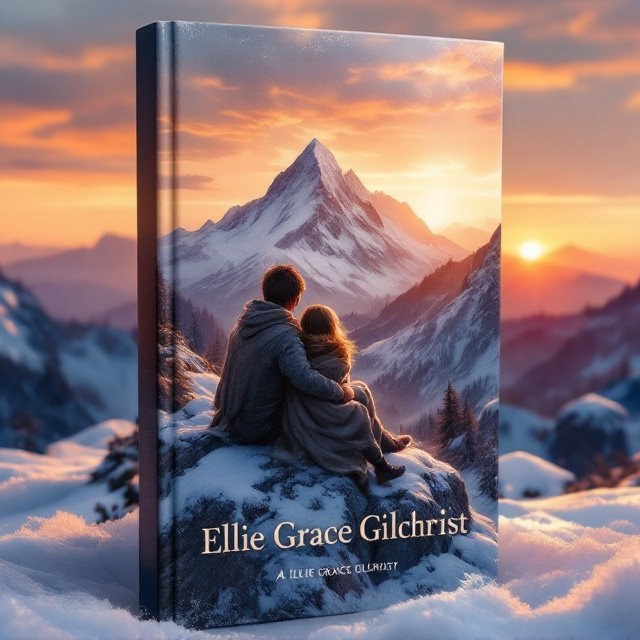 The cover captures a frozen mountain peak bathed in the amber light of sunset. In the foreground, two shadowy figures—a young boy with his arm protectively draped around his sister—sit perched on jagged rocks. The girl, wrapped in a tattered blanket, is shivering slightly. The coldness is emphasized with faint frost effects around the edges of the cover. The sunset paints the sky with streaks of orange, purple, and pink tones, making the stark white snow and rough dark rocks stand out even more. In the background, distant, mysterious silhouettes of an unknown forest hint at looming danger and adventure.