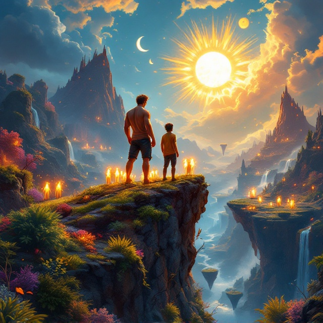 Two teenagers, one muscular and large, and the other smaller and slender, stand atop a mystic cliff overlooking a vibrant, fantastical world. The landscape is alive with elements—fiery volcanoes, cascades of water, swirling gusts of air, patches of lush greenery, and floating islands of rock. Mystical, glowing flora and bizarre fantasy creatures occupy the background. The boys are accompanied by a group of tiny, glowing humanoid figures that hover around them, each appearing ethereal and magical, exuding a sense of wonder. The color palette is a mix of intense blues, oranges, greens, and earthy tones, blended in an atmospheric gradient. The sky features both a golden sunburst and a crescent moon, suggesting an otherworldly atmosphere.
