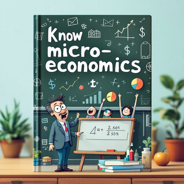 A cartoonish depiction of a classroom scene featuring a humorous professor teaching microeconomics with exaggerated expressions and quirky elements like students made of pie charts and bar graphs. The background includes doodle-like economic symbols (supply-demand curves, dollar signs, etc.) lightly sketched in pastel colors. The title, bold and playful, is sprawled across a chalkboard held by the professor.