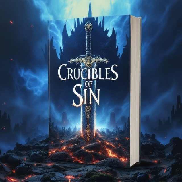 A massive, battle-worn sword planted firmly into the ground at the center of the cover. Its blade gleams faintly with divine runes that emit a soft, golden glow, hinting at the goddess’s favor. Deep cracks and scratches run along the blade, showcasing its history. Behind the sword, rising tendrils of blue mist swirl over a decayed battlefield scattered with shattered helmets, broken shields, and moss-covered ruins. A large, dark throne looms faintly in the background, half-concealed by shadows and mist. The entire scene is enveloped in a palette of dark blues and black, with vivid crimson streaks in the mist to signify bloodshed and struggle.