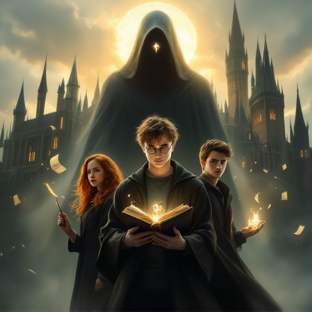 Hogwarts stands grand and ethereal in the background, bathed in the warm, golden hues of a rising sun. Its windows faintly glow, giving the castle a sentient, watchful presence. At the center foreground, Albus Potter stands confidently, flanked by Rose Weasley on his right, holding an open book with flying pages swirling out of it, and Scorpius Malfoy on his left, gripping a wand that emits a faint trail of light. Towering behind them is a shadowy, cloaked figure shrouded in mist, with only its glowing sigil or rune emerging faintly from the darkness. The edges of the mist frame the trio, pulling focus onto them. The title arcs across the top of the cover, glowing softly to match the magical theme.