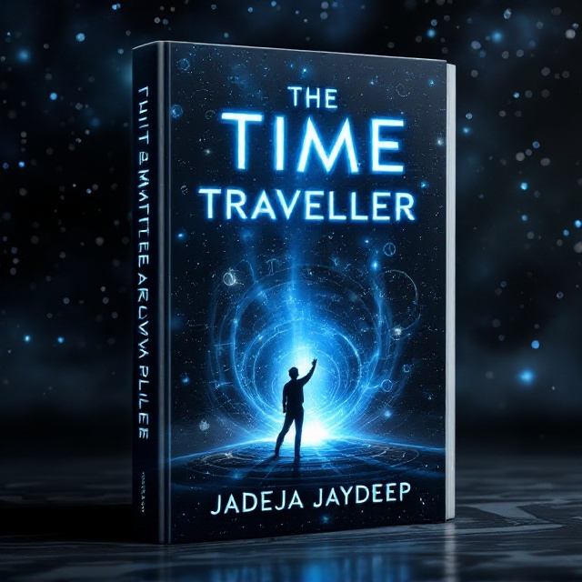 A dark, starry night sky fills the background with swirling galaxies and nebulae, creating a feeling of the vastness of time and space. A silhouetted figure, partially transparent, steps into what appears to be a shimmering portal rippling with blue and white energy. Faint clock face symbols are layered subtly across the portal, merging the history and sci-fi elements. The title, "The Time Traveller," glows faintly with a metallic sheen.