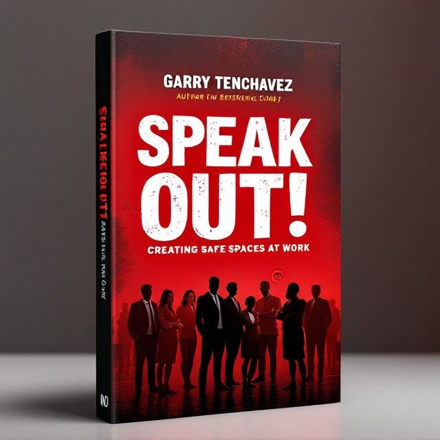 A bold red and black gradient background establishes an intense atmosphere. At the center, the words "Speak Out!" are large, uppercase, and embossed, with a slightly distressed effect in white to contrast sharply against the background. A semi-transparent silhouette of a diverse group of office workers (different genders, races, and expressions) is in the foreground, standing together. A subtle "no" symbol (a circle with a slash) appears faintly in the background, almost like a watermark.