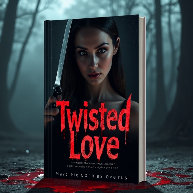 A dark, shadowy background with the faint outline of trees in an ominous mist. A young woman is centered in the composition, her face partly obscured by shadows but still showing an intense, determined expression. She grips a knife in one hand, angled downward, with fresh blood dripping from its edge. Splurts of blood are scattered subtly across the frame, adding depth and intrigue. Subtle red undertones illuminate portions of the scene, creating a moody atmosphere. The title, *"Twisted Love"*, appears in jagged, distressed lettering with a blood-red gradient, while the author’s name, "Marvelia C.T", is placed near the bottom in elegant but understated sans-serif across a black bar.