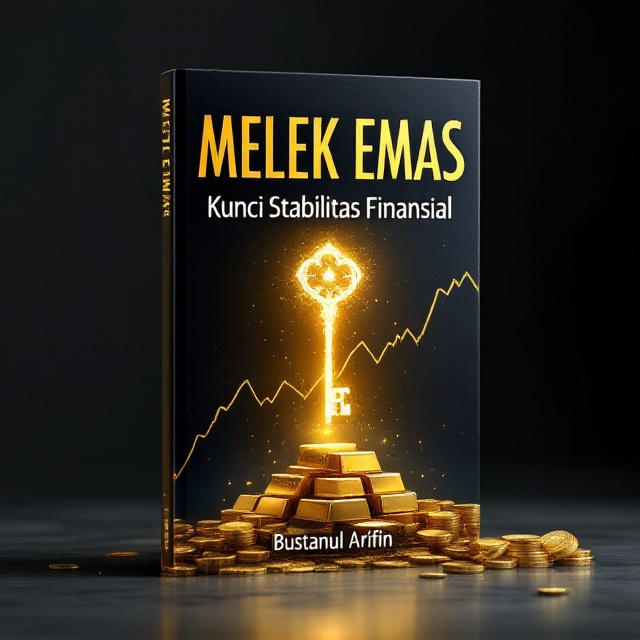 A glowing, radiant golden key is centered, surrounded by a mystical halo of light. Beneath it, a stylized stack of gold bars and coins is arranged, with a faint, upward-trending stock market graph in the background. The backdrop fades from deep black at the edges to a luxurious deep blue near the center, creating depth and focus on the key. Subtle metallic textures enhance the richness of the design.