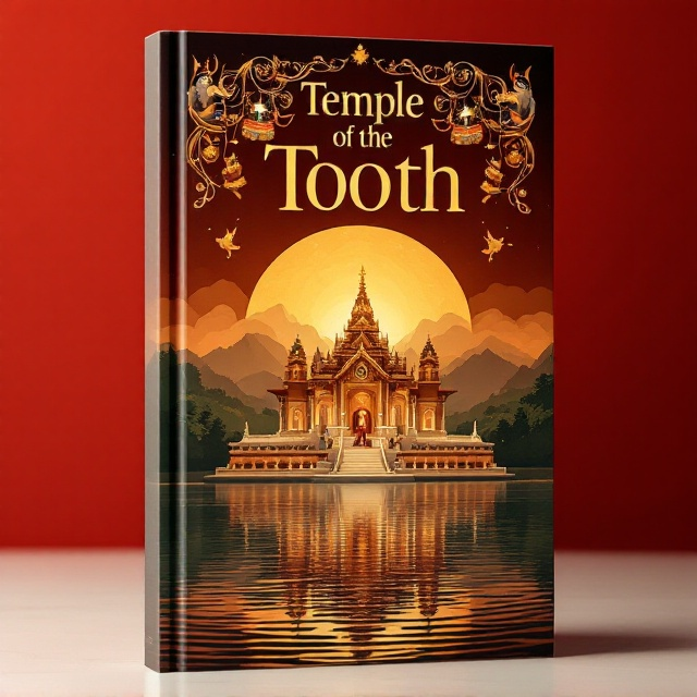The cover features the Temple of the Tooth as the central element, bathed in warm golden light symbolizing spirituality and reverence. In the foreground, the serene Kandy Lake reflects the temple, with intricate ripples adding a sense of tranquility. At the top, a stylized depiction of The Festival of the Tooth parade winds around the temple in a semi-arc, featuring traditional drummers, dancers, and an elephant adorned in gold. The background gradients transition from deep maroon at the base, symbolizing tradition, to lighter cream shades near the top for a modern touch.