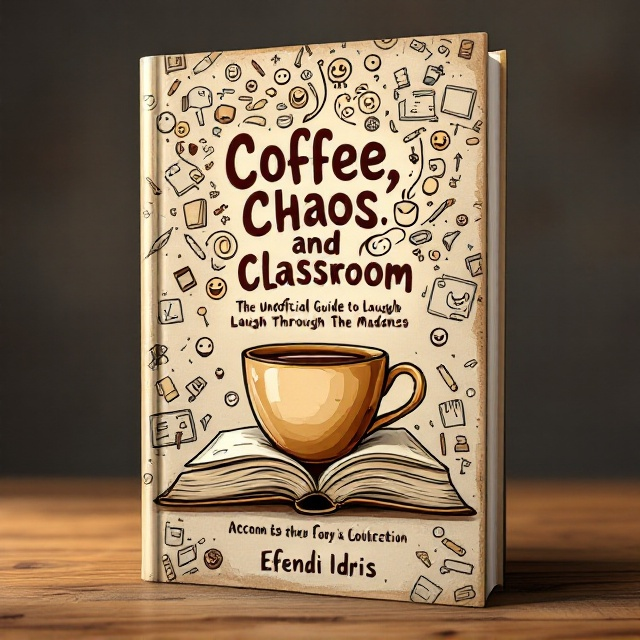 A cartoonish coffee cup sitting on top of an open book with steam rising up and forming chaotic swirls that turn into doodles of classroom objects like a chalkboard, pencils, and laughing emojis. The doodles gradually fade into the background, which has a warm, textured coffee-stain effect in shades of brown and beige. The author's name is placed at the bottom in a smaller font.