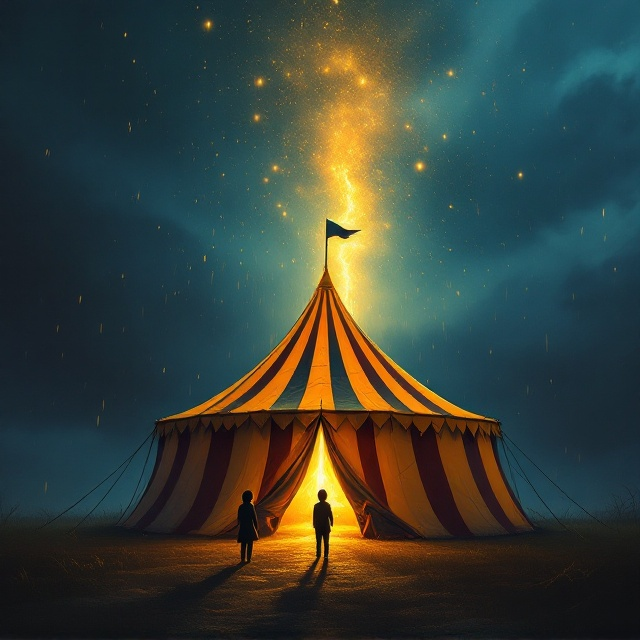 A dark, stormy sky forms the background, with a brightly colored circus tent sitting in the center. A beam of warm golden light escapes from the tent's opening, symbolizing hope amidst turmoil. Silhouettes of two figures—a child and an adult—stand outside, facing the tent, one appearing sad and the other hopeful. Delicate raindrops fall around the scene, with some sparkling as they catch the light near the tent opening.