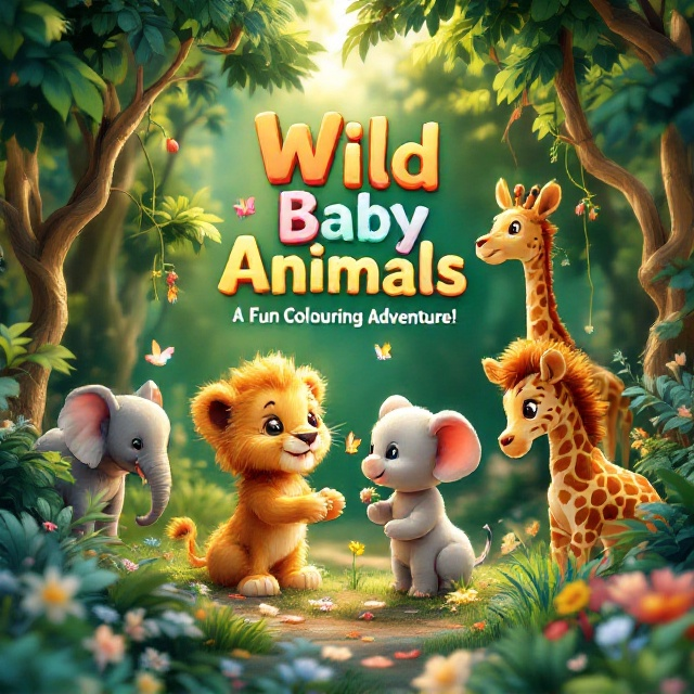 The cover features a vibrant 3D forest scene with a warm, soft glow of sunlight streaming through dense green trees. At the forefront stands an adorable baby lion cub with fluffy golden fur, playfully pawing at some flower petals. Nearby, a small, curious baby elephant with big floppy ears gazes at a butterfly hovering over a patch of wildflowers. To the right, a tiny baby giraffe with gentle, innocent eyes nuzzles a low tree branch, and a baby zebra with distinct, charming stripes trots across lush, soft grass. The background is filled with lush foliage, delicate flowers, twisting tree trunks, and cascading vines, creating a magical wilderness atmosphere.