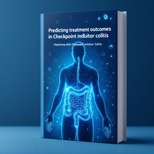 A sleek and minimalistic composition featuring a stylized representation of a human silhouette superimposed on a semi-transparent, glowing blue colon structure. Within the colon image, faint glowing lines and nodes represent the pathways of the immune system. A soft gradient blue background creates a sense of depth and modernity while also evoking cleanliness and science. Subtle molecular structures and T-cell illustrations fade into the background to tie in themes of immunotherapy and cancer research.
