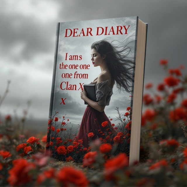 A captivating image of a young woman standing on a windswept hill, a diary clutched to her chest with her other hand dramatically reaching out as if yearning for something beyond the horizon. Behind her, a faint, translucent shadow of a man fades into the grey-tinted sky, signifying love and mystery. Red roses cascade along the bottom of the cover, symbolizing passion and romance, while the background seamlessly transitions from grey (calm, introspection) to red (love, fire) to capture the emotional journey of the protagonist.