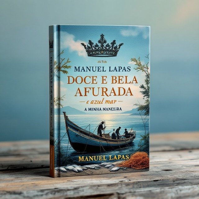 A serene seascape in the background with hues of "azul mar" (ocean blue), showcasing the village of Afurada from a slightly elevated angle. The centerpiece is a majestic crown, crafted from fishing nets, placed at the top. Below the crown, a robust traditional fishing boat is depicted, with fishermen hauling in their catch to emphasize the pride of labor. On the left, a silhouette of "varinas" (traditional Portuguese fishmongers) selling fish is contrasted by the graceful details of their attire, while on the right, a small stack of fishing nets symbolizes the deep connection to the fishing industry.