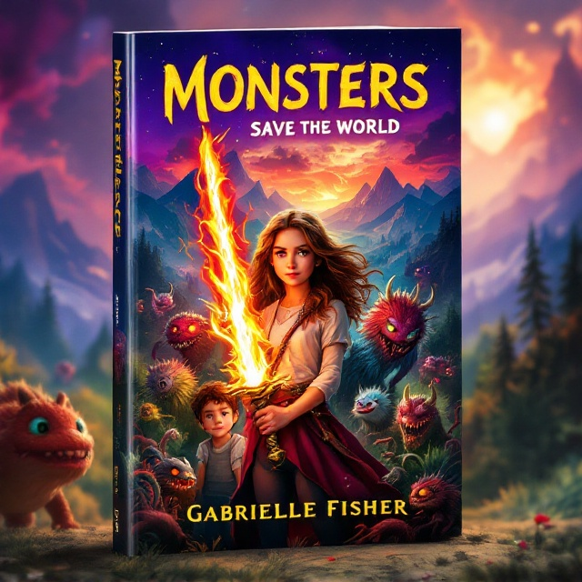 A vibrant fantasy scene featuring a brown-haired girl standing heroically at the forefront, holding a fiery, glowing sword that emanates an aura of warmth and light. To her left, slightly behind, a brown-haired boy with a somber expression observes her. Around them, fantastical monsters of various shapes and sizes encircle the two characters, presenting a dynamic mixture of awe and camaraderie. In the background, a surreal landscape of mountains, dense forests, and a magical skyline with vivid purples, oranges, and blues sets the fantasy atmosphere. The fire from the sword casts illuminating reflections on the girl’s face, symbolizing her empowerment and determination.