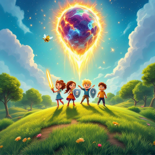 The cover features a vibrant, colorful fantasy scene. The hill rises from the bottom of the frame, lush with green grass and dotted with trees that stretch gently into the background. Looming in the sky above the hill is a dramatic asteroid with glowing edges, trailing fiery streaks as it hurtles toward Earth. At the center of the hill, the four characters are displayed dynamically — the first brown-haired girl stands confidently holding a blazing sword alight with orange and red flames. Beside her, the second brown-haired girl holds a radiant silver shield reflecting hints of sunlight. The blonde-haired boy stands joyously with arms raised, looking up at the asteroid, while the brown-haired boy clenches his fists with an angry expression, seemingly ready for action. A whimsical bee with bright cartoonish eyes and a cheerful grin hovers nearby, fully animated with a streak of yellow light trailing behind it.