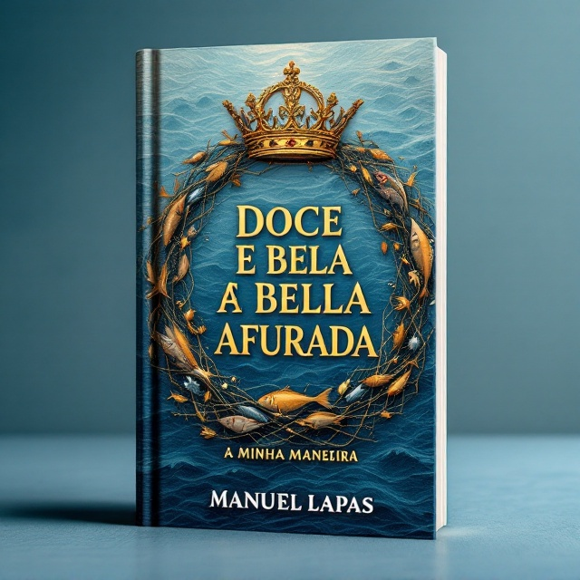 A majestic crown of a queen encircles a delicately rendered fishing net, which subtly weaves together elements like fish, fishing boats, and the silhouettes of fishermen and fishwives (varinas). The background features shades of "azul mar," with soft gradients transitioning from deep ocean blue at the top to lighter hues towards the bottom, giving a serene yet historical depth. Subtle water ripples overlay the background to evoke the connection to the sea.
