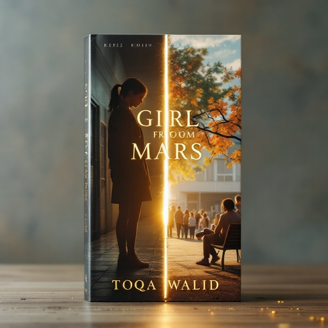 The book cover is vertically divided into two contrasting halves. The left side depicts a gloomy boarding school corridor with dim lighting, showcasing the girl in a plain, dark uniform looking down, conveying loneliness. The right side features a lively high school environment, basked in bright sunlight where the same girl sits alone on a bench, dressed in casual, vibrant clothes, surrounded by cheerful, interacting students in the background. The division emphasizes the duality of her experiences, connected by a faint, glowing blur at the vertical split, symbolizing emotional transitions.