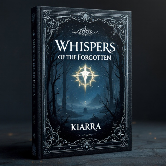 An intricate, dark-toned forest silhouette fades into a starry, otherworldly sky. At the center of the cover, bordered by ornate, metallic silver filigree (decorative scrollwork), is a faint, glowing, magical emblem resembling an ancient rune. The edges feature a shadowy, textured gradient that fades into deep shades of black, giving the impression of mystery and depth.