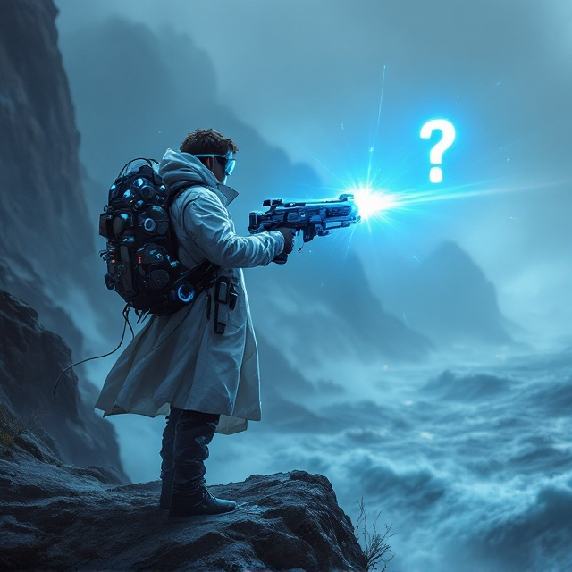The cover features a striking scene of a young male scientist, in his late teens or early twenties, standing confidently on the edge of a towering mountain. His detailed features include goggles, a white lab coat twisted in the wind, and a backpack filled with scientific gadgets. He holds a futuristic, intricately detailed gun with wires and glowing components. A bright, pulsating blue beam shoots out of the gun and dissolves into a blurry, atmospheric sky where a faint but ominous question mark is visible. Below the mountain, a violent tsunami wave rolls with fierce intensity, rushing toward a small vulnerable city in the distance. The color palette is heavy with contrasting tones of stormy blues, deep grays, and neon accents from the gun and beam, evoking both chaos and determination.
