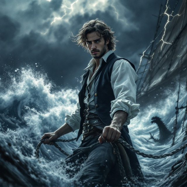 A tumultuous scene of a pirate-like ship battling enormous waves under a dark, stormy sky. The young man, dressed in midcentury English attire (a vest, white shirt, and trousers), stands gripping the ship's railing. His hair is windswept, and his face conveys a mix of determination and fear. Lightning illuminates the background, highlighting the ship's weathered wood and billowing sails. The overall palette includes deep blues, greys, and hints of white from the waves and lightning. In the bottom right corner, a faint silhouette of an unknown sea creature emerges from the water, adding an extra layer of mystery.