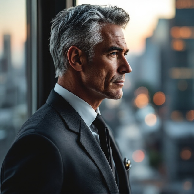 A close-up of a sophisticated, handsome older male with neatly styled silver-grey hair and a chiseled jawline. He wears a tailored suit in dark charcoal, with a loosened tie symbolizing a balance between control and vulnerability. The man gazes out of a high-rise window, with the urban cityscape blurred in the background, symbolizing his success as a meticulous CEO. A subtle overlay of soft romantic tones, such as blush and champagne hues, creates the emotional nuance of guarded passion. The edges have a gradient fade to black, adding depth and intrigue to the design.