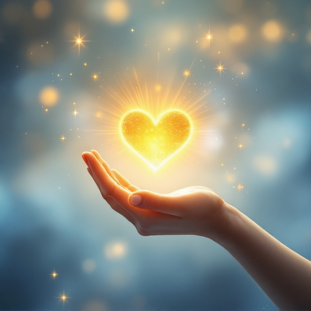A single outstretched hand takes center stage, slightly offset to the bottom of the cover. The hand is cupping a radiant, golden heart that's glowing with sun-like beams. The background is a soft, blurred gradient of celestial blues and whites, resembling the heavens. Ethereal, faint golden particles swirl around the hand and heart, giving the scene a divine atmosphere.