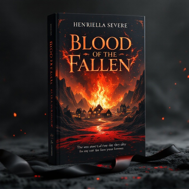 A dramatic, high-contrast illustration features a burning village in the middle ground, nestled within jagged, shadowy mountains. The glow of the flames illuminates the somber, ash-filled atmosphere, with black smoke spiraling upwards. Ashes are depicted as faint, snow-like flecks spread across the cover. In the foreground, a blood-stained patch of earth lies partially covering a delicate black ribbon, providing a stark and heart-wrenching focal point. The edges of the composition fade into shadows, subtly framing the flames at the center.