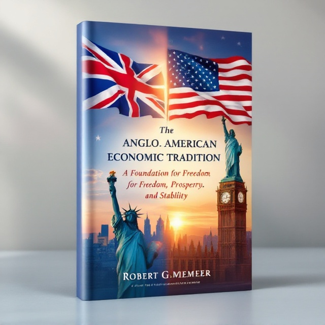 A split composition where the left half showcases a waving Union Jack alongside Big Ben under a radiant sunrise sky, and the right half displays a waving American flag with the Statue of Liberty against a glowing sunset. Both flags seamlessly meet in the center of the cover, symbolizing unity. The entire design is bordered by a subtle gradient of blue, creating a foundation for the book's title at the center-top.