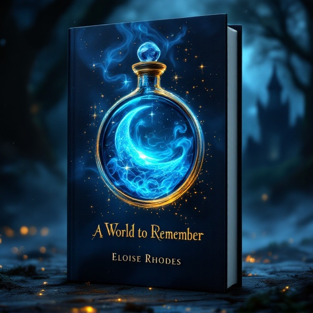 A mysterious circular glass vial is placed at the center of the cover, filled with a swirling, smoky blue liquid. The liquid glows faintly, creating a soft, ethereal light. The vial is sealed with a crystalline crescent moon, with delicate sparkles emanating from the seal. Around the vial, faint, shadowy images of an enchanted forest and an old, crumbling castle fade into the background. The overall atmosphere is dark but dreamlike, with swirling mist and soft blue tones dominating the color palette. Faint golden flecks add a touch of magic to the design.