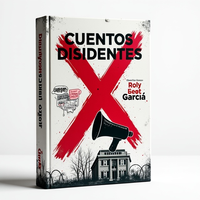 A white background dominates the cover, symbolizing freedom and purity. At the center, a bold, graffiti-style red "X" is splattered across a faint silhouette of a crumbling, iconic Cuban government building. Below the "X," a black megaphone appears, with playful, colorful speech bubbles bursting out and containing small, sarcastic doodles mocking censorship, control, and dictatorship. The edges of the cover feature faded barbed wire illustrations to subtly represent oppression and barriers.