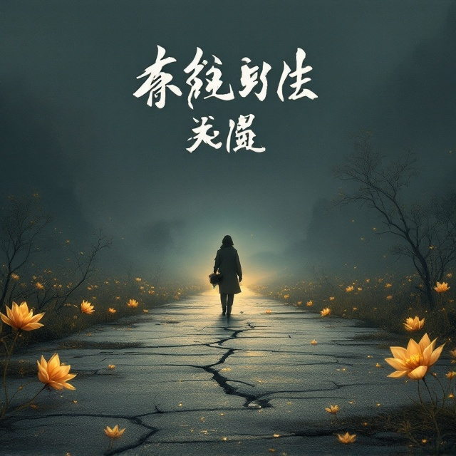 A worn, weathered street scene with a solitary figure walking away in the distance, carrying a small bundle. The foreground features an old cracked concrete path, symbolizing hardship, with faint golden lotus flowers blooming through the cracks, symbolizing transcendence. A muted color palette of greys, browns, and hints of gold dominates the cover, with the horizon glowing faintly like a glimmer of hope.
