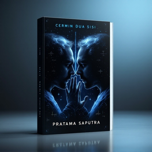 The cover showcases the two-sided mirror vertically placed in the center. One side depicts a scientist reaching out to touch the mirror with his hand, while the hand’s reflection on the mirror shows slightly wavy, watery distortions. The reflection doesn’t perfectly match the man’s features—it feels as though it has independent life, subtly watching him. The background is a gradient of dark grey and black, transitioning into light blue at the edges to establish mystery and suspense. Small, almost imperceptible scientific symbols and equations are subtly etched into the mirror’s surface, enhancing the science-fiction feel.