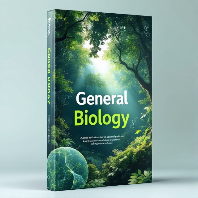 A lush, dense forest canopy with sunlight streaming through the leaves takes up the majority of the cover. The background fades into a serene blue sky, populated by subtle molecular structures and DNA helixes blending into the scene. A zoomed-in image of a leaf's cellular structure is subtly integrated into the lower-left corner with soft gradients.