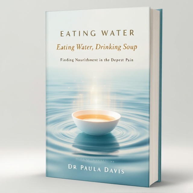 A serene and minimalist cover features a vast expanse of gentle, rippling water in soft tones of aquamarine fading into white as it moves upward. Floating on the water is a simple, ethereal porcelain bowl filled with a faint, golden-colored liquid resembling soup. Around the bowl, subtle light rays emerge, creating a halo-like effect that conveys a sense of spirituality and hope. The image extends seamlessly to the background, creating a peaceful and reflective atmosphere.