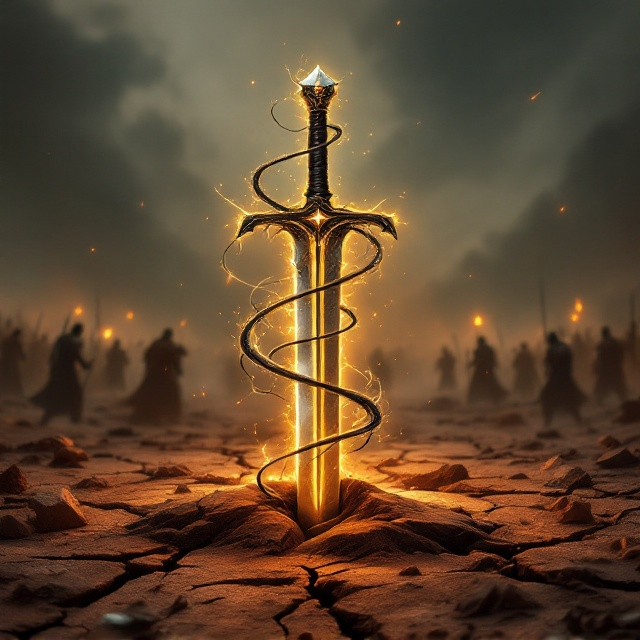 A single golden hilt with a silver blade is plunged into the scorched and cracked ground of a battlefield. The sword's hilt glimmers faintly, but the blade is engulfed in tendrils of dark magical energy that coil and snake outward into the background. Fragments of shattered weapons and broken armor are scattered across the dusty, reddish-brown ground. In the background, a massive, dark, stormy sky looms ominously with faint silhouettes of distant warriors locked in combat, forcing the viewer’s attention back to the solitary sword.