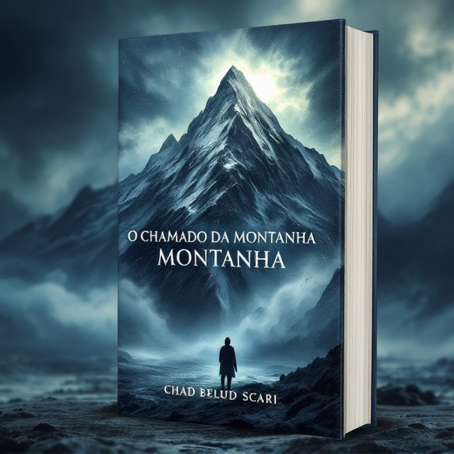 In this design, a towering, snow-capped mountain emerges from swirling clouds, its sharp peaks piercing the heavens. The base of the mountain fades into dark, stormy seas, symbolizing the beginning of Kronus's journey. A lone, silhouetted figure stands at the base, gazing upward with a sense of awe and determination. The scene is shrouded in a moody black and blue palette, with faint rays of light breaking through the stormy sky, hinting at hope and redemption. Subtle textures add depth, evoking both the roughness of the natural world and the personal struggles of the protagonist.