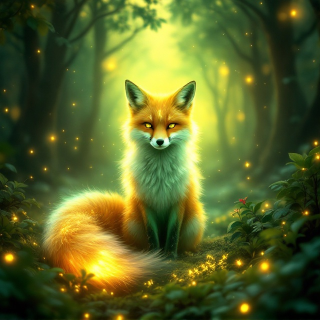 The central focus is on a radiant, mystical nine-tailed fox with shimmering emerald-green and golden hues. Her tails fan out gracefully, their ends glowing softly as if infused with magic. The magical forest background is dense with glowing trees, soft golden light filtering through ethereal green foliage, and faint floating lights resembling fireflies or magical orbs. A faint mist adds depth. The fox's calm demeanor portrays both pain and healing while her luminous eyes exude love and triumph.