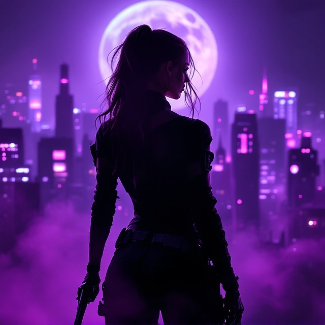 A shadowed, neon-purple-tinted city skyline at night forms the background. In the foreground, a female assassin is seen from the back, dressed in sleek, black tactical gear. She holds a silenced pistol in one hand, relaxed but alert, with her head slightly turned as if wary of being followed. Her figure is bathed in soft moonlight and glowing purple city lights, creating a beautiful, dramatic contrast. Smoke and faint silhouettes subtly blend into the edges to maintain the layered mystery of the scene.