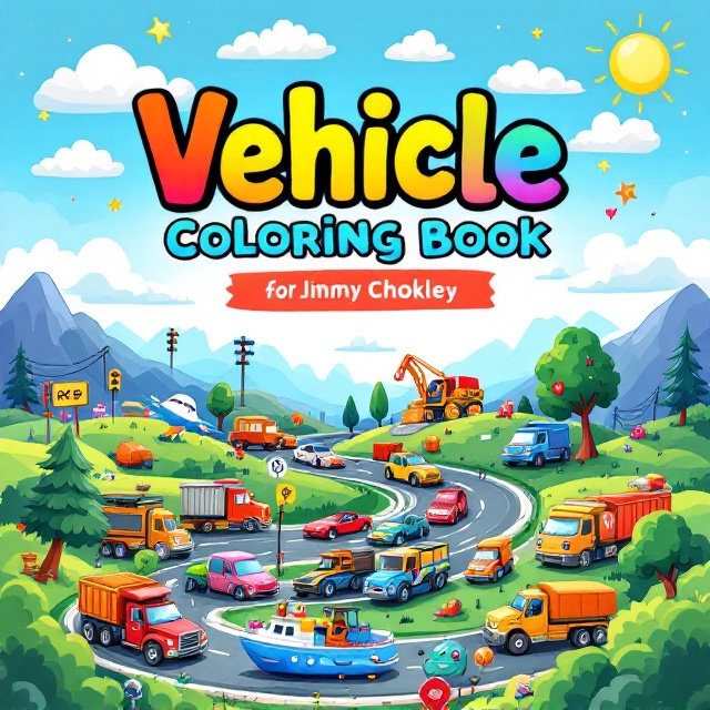 A bright and lively cartoon-style cover where half of the vehicles are in vibrant colors (red, green, yellow, and blue), and the other half are in black-and-white, ready for coloring. The cover includes cars, trucks, airplanes, trains, boats, and construction vehicles scattered across a winding road that loops through a playful landscape. The sky is bright blue, featuring fluffy white clouds, doodle-like stars, and a shining sun. Traffic lights, road signs, and trees add fun elements to the scene. Cartoon-style background with joyful expressions on some vehicles further enhances the charm.