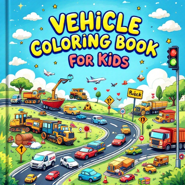 A vibrant, cartoon-style cover featuring an array of vehicles in a playful layout. The top half of the cover showcases a bright blue sky with fluffy, white clouds and doodles of stars and squiggles. The bottom half presents a winding road that stretches diagonally across the cover, dotted with traffic signs and a cheerful traffic light. Cartoon cars, trucks, construction vehicles, trains, airplanes, and boats are scattered dynamically across the cover, each with a fun and bubbly design style. Some vehicles are left in black and white to suggest coloring, while others are vibrantly colored with bold red, yellow, green, and blue hues.