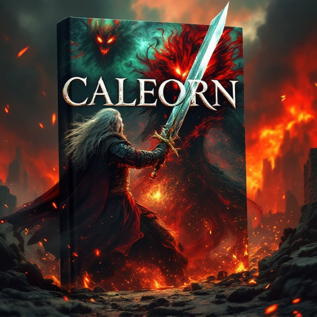 A dark, ominous battlefield drenched in a smoldering red sky forms the background. In the center, the medieval warrior with cascading long white hair and a flowing beard roars in fury, poised mid-swing with a massive, gleaming sword aimed at a malevolent witch cloaked in black and green smoke. The witch’s glowing eyes pierce the scene as her hands conjure swirling black and crimson magic. Shattered ancient ruins frame the characters on both sides, and sparks of conflict scatter across the foreground.