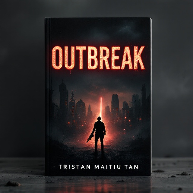 A dark, gritty background of a desolate cityscape in ruins with faint, fiery orange glows on the horizon. The silhouette of a lone figure holding a weapon is positioned in the lower-center foreground, partially obscured by smoke and debris. A faint trail of ominous red lights stretches into the distance, evoking a sense of danger and urgency. Overhead, menacing storm clouds swirl in a motion-like effect. Subtle splatter textures overlay the entire composition.